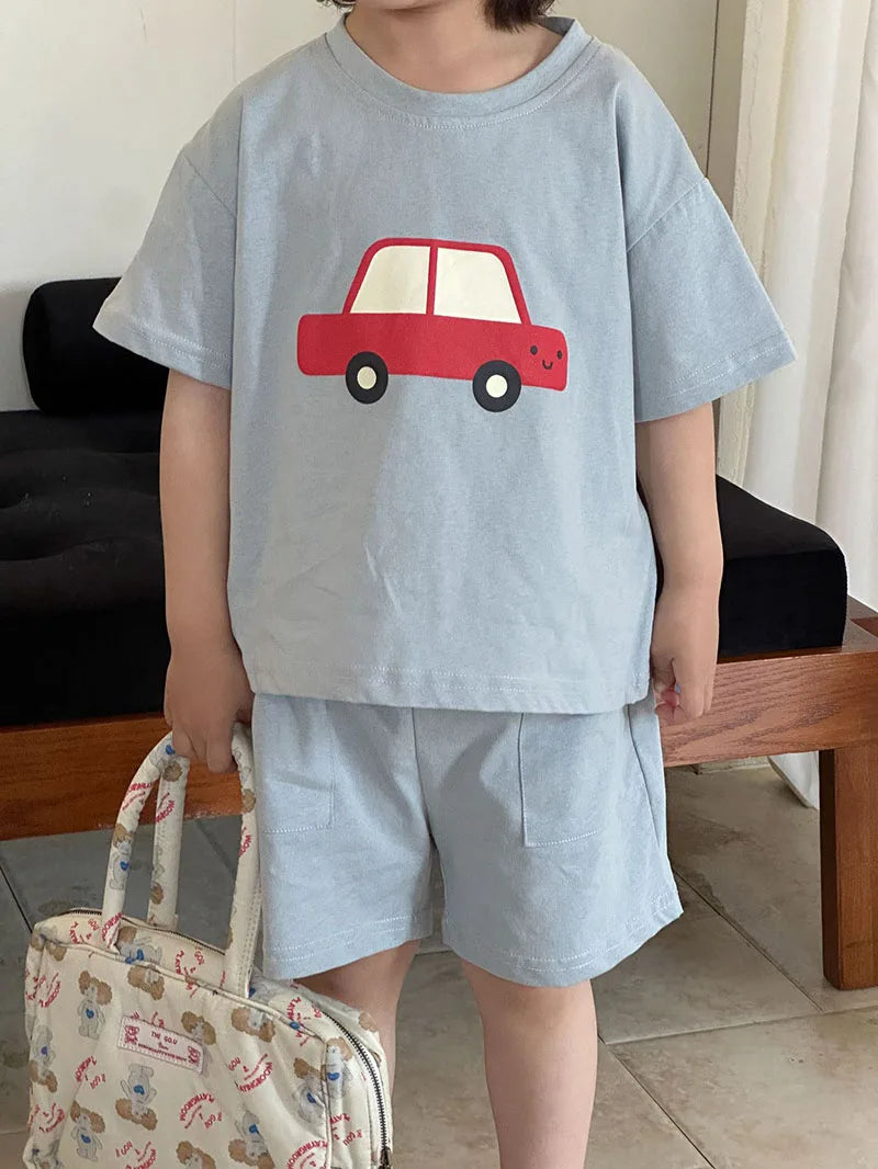 New Summer Kids Clothes Suit Children Cute Cartoon Car T-shirt + Shorts Boys Thin Style 2PCS Outfit 1-4Y Unisex
