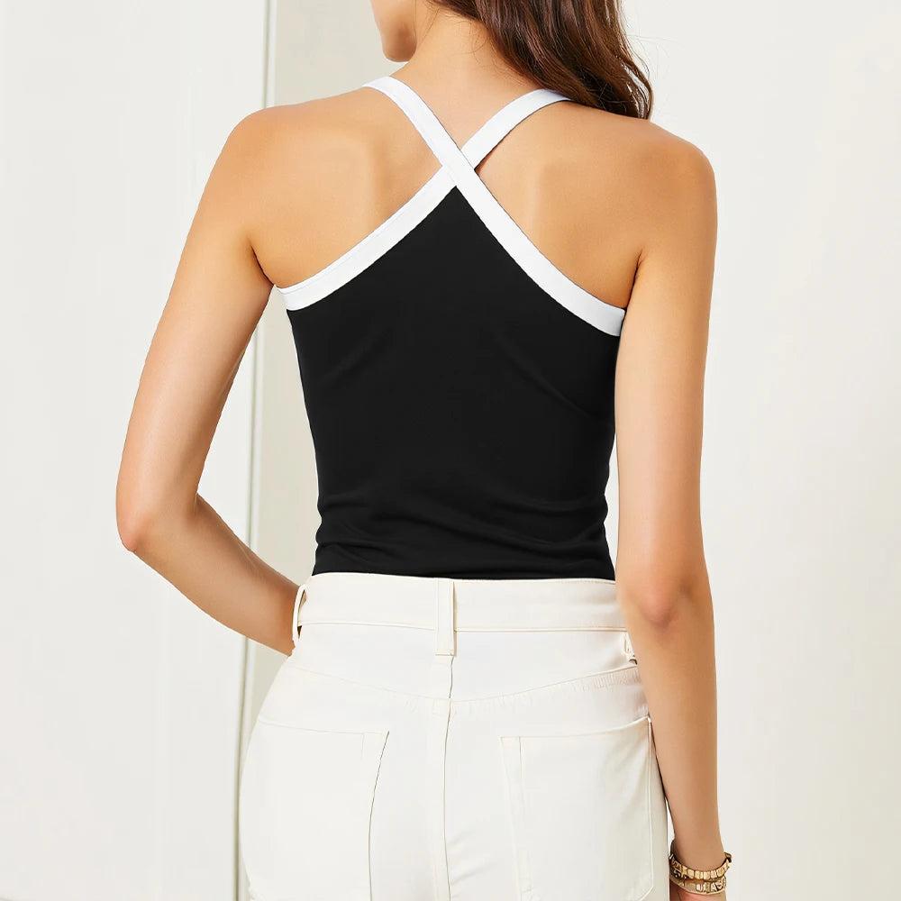 Women's Summer Daily Tanks Simple Basics Patchwork Sleeveless Halter Neck Casual Tanks