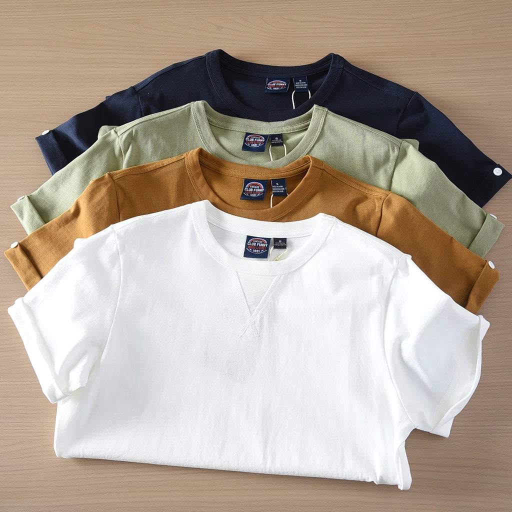 2025 Zomer Nieuw Amerikaans Retro Korte Mouw O-hals Effen Kleur T-shirt Heren Eenvoudige Mode 100% Katoen Gewassen Casual Jeugd Tops