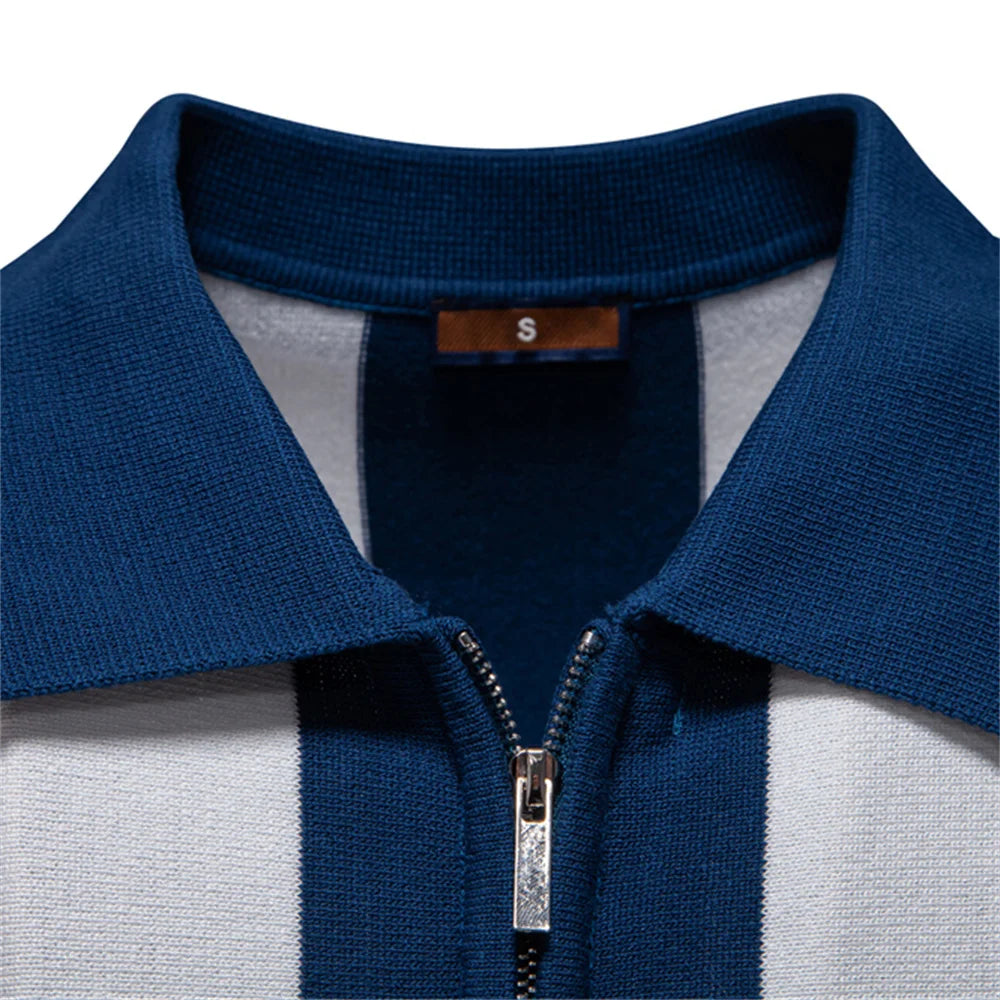 2025 New Summer Men's Breathable Striped Contrast Panel Polo Shirt - Casual Short Sleeve Knit Shirt with Comfort Fit