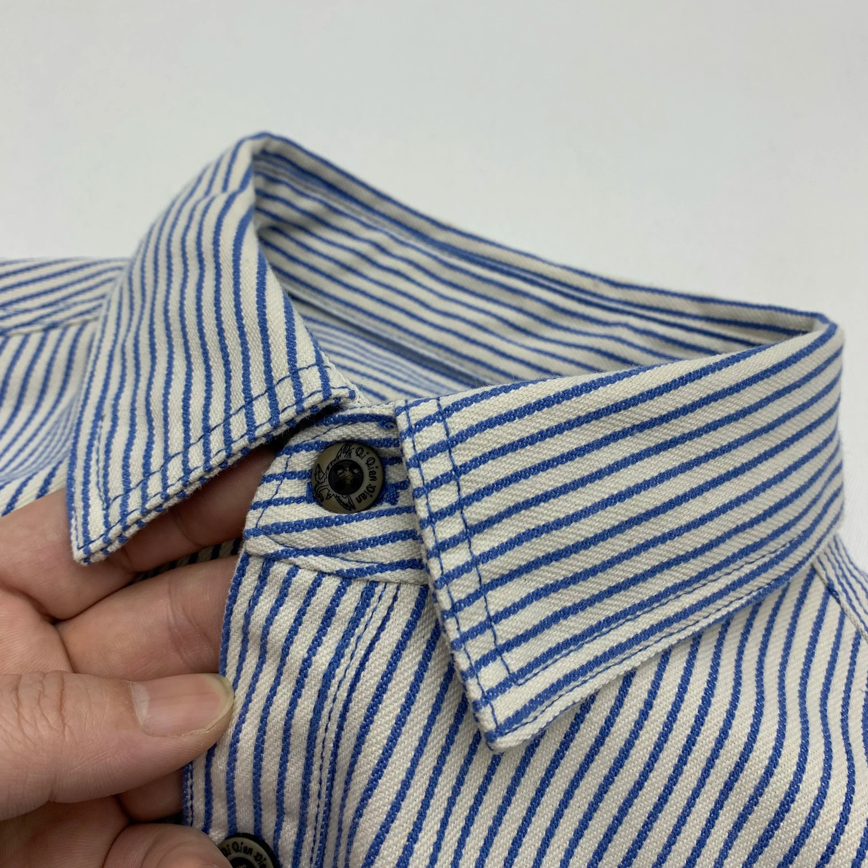 2025 Lente Nieuwe Japanse Retro Lange Mouw Revers Gestreepte Cargo Shirt Heren Amekaji 100% Katoen Gewassen Losse Dubbele Zakken Tops