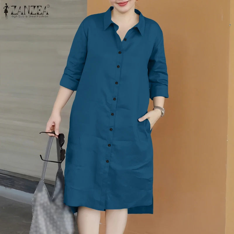 2025 Fashion Autumn Shirt Dress Women Lapel Neck 3/4 Sleeve Sundress Casual Loose OL Work Dresses Button Midi Robe Kaftan