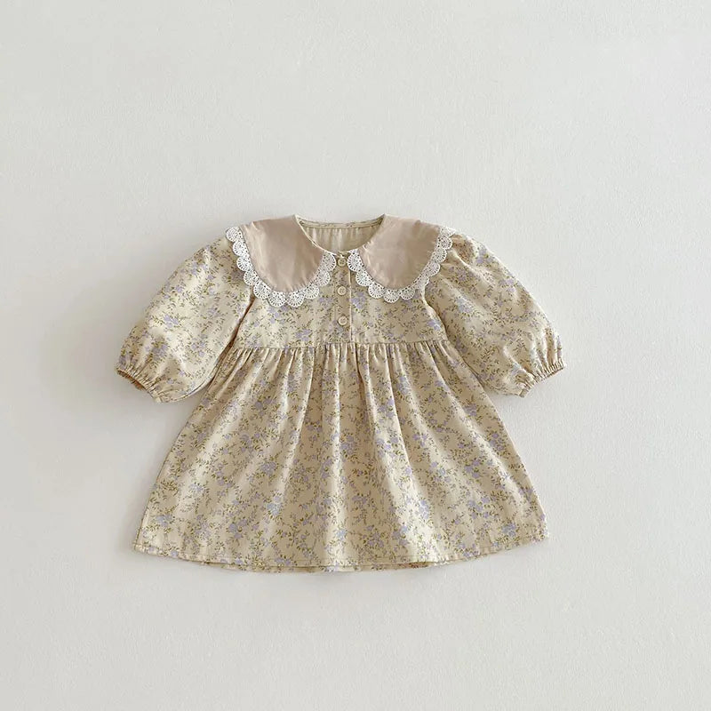New Spring Girls Floral Dress Kids Cute Lace Doll Collar Princess Dress Children Sweet Flower Clothes For Kids 1-3Y Girls