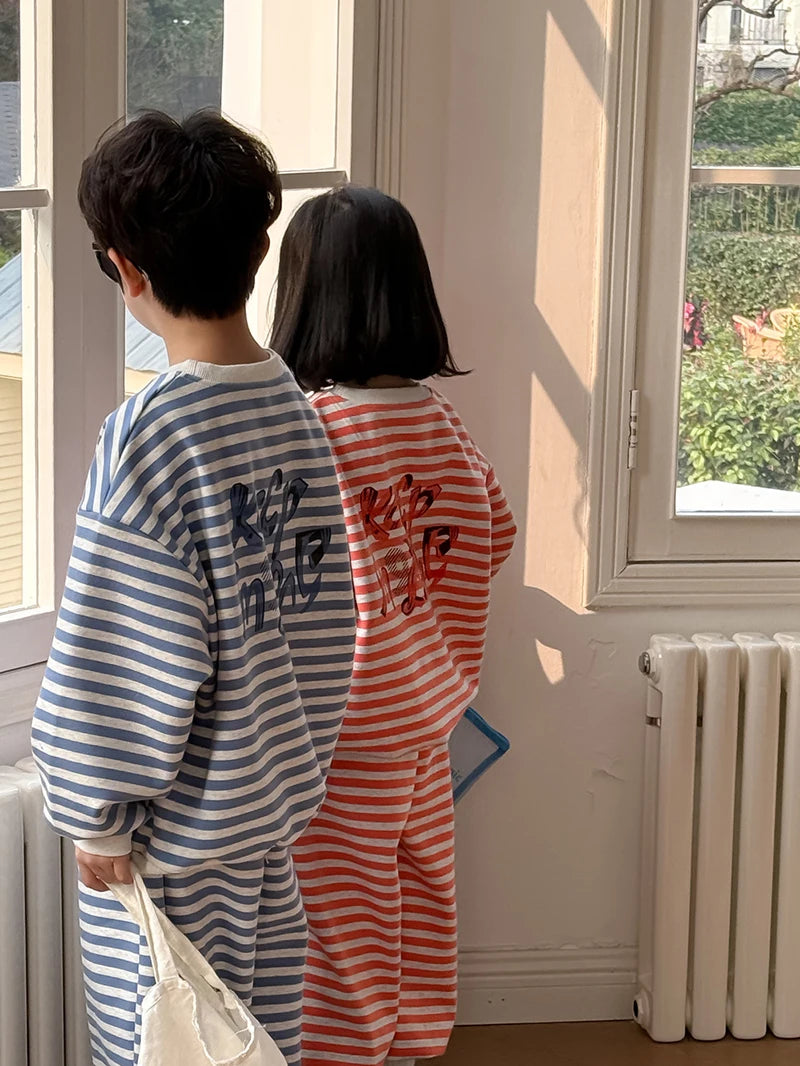 Spring Children's Clothes Boys' Tracksuit Kid's O-Neck Hoodie Set Girls' Korea Striped Letter Printed Sweatshirt 2Pcs Suit 4-6Y Unisex
