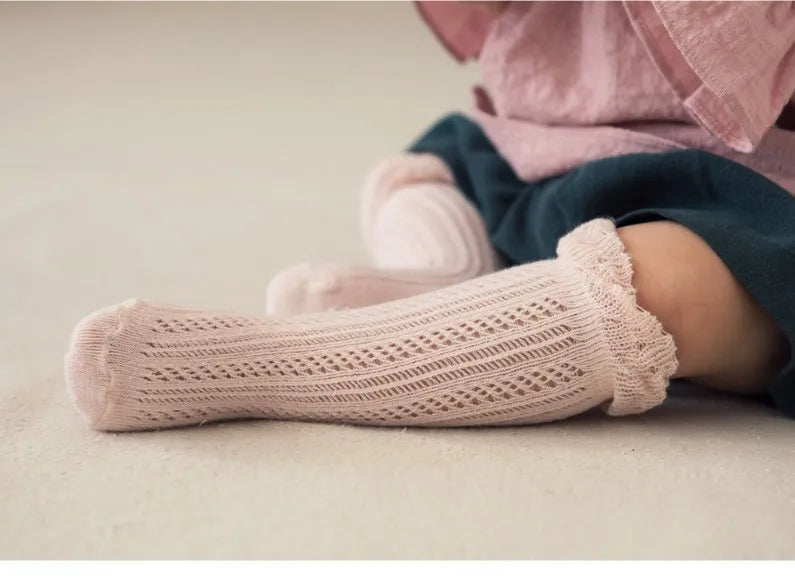 Baby Girl Knitted Mesh Socks Knee High Tube Toddler Girls Solid Socks Summer Thin Cotton Infant Kids Long Tube Socking 0-2 Years