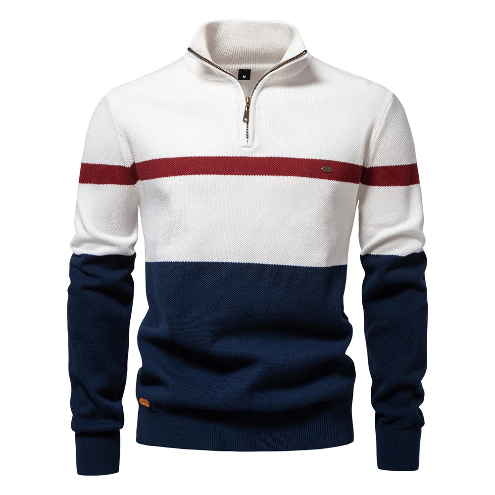 Men's High Quality Cotton Sweater Zipper Mock Neck Pullovers Male Autumn Winter Striped Warm Polo Sweater For Men