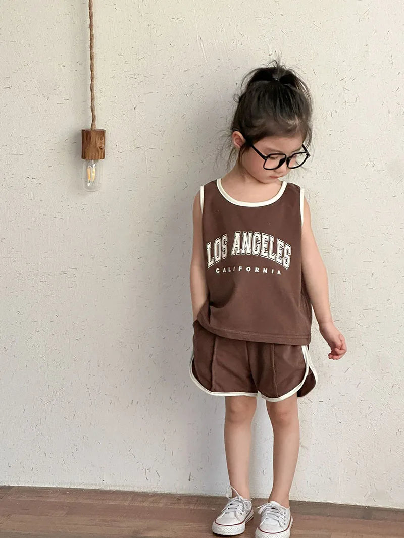 New Summer Kids Clothes Set Children Thin Style Letter Sports Suit Girls Tank Top Shorts Boys Outfits 4-6Y Unisex