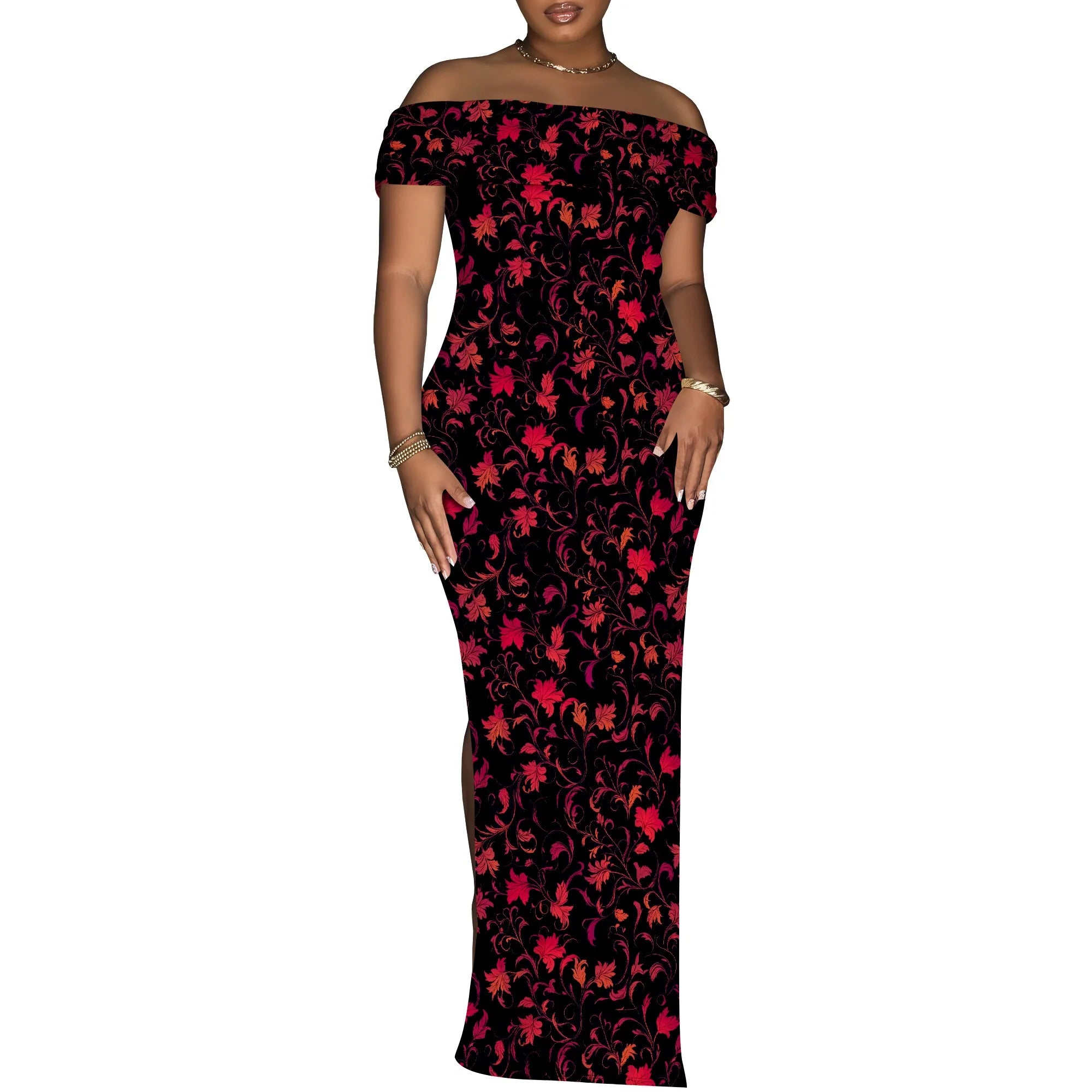 Vintage Floral Off Shoulder Maxi Dress Women Elegant Red Print Bodycon Long Gown Evening Look