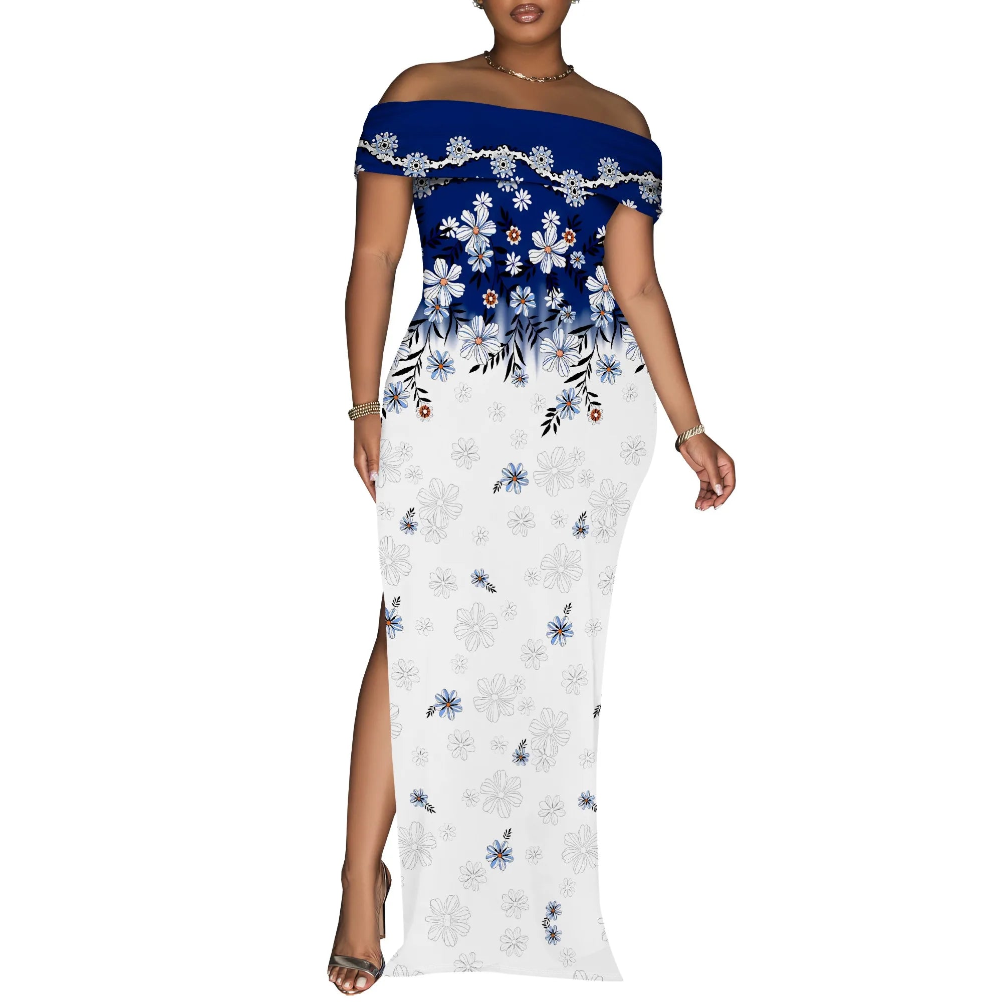 Elegant Off Shoulder Maxi Dress Ink Floral Print Bodycon Split Hem Summer Evening Look