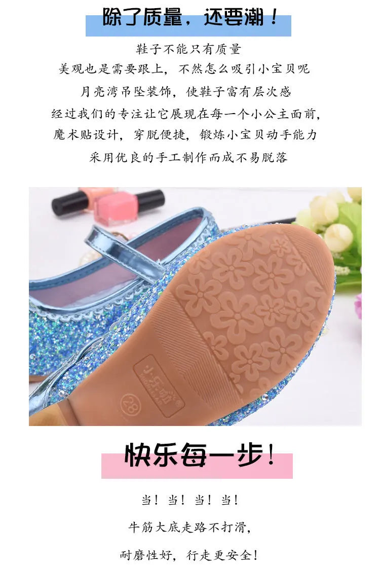Frozen Elsa Princess Girls Leather Crystal Shoes Glitter Casual High Heels Girls Sandals Pink Blue Silver Elsa Shoes
