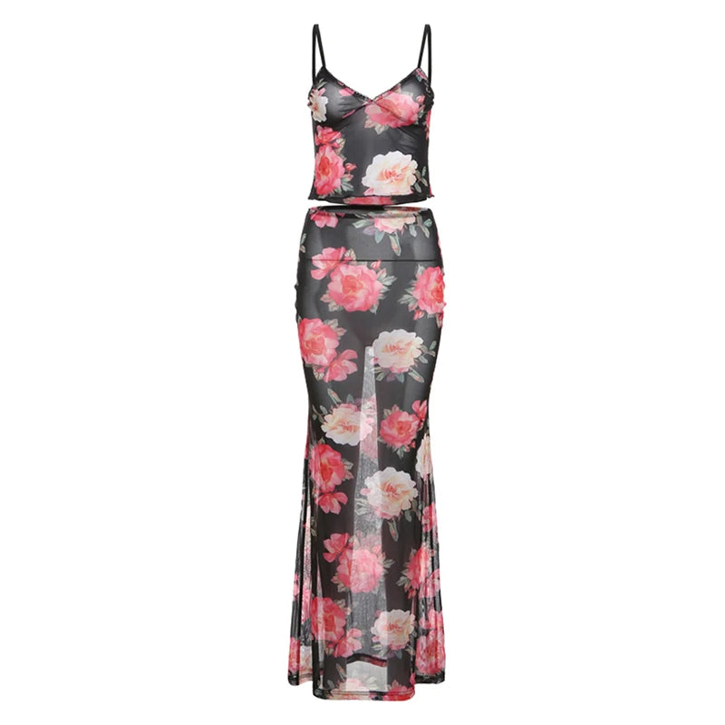 Women's Floral Print 2 Piece Set Slits Slim Long Skirt + Low-Neck Camisole 2025 Vacation Matching Fashion Elegant Hipster Suits