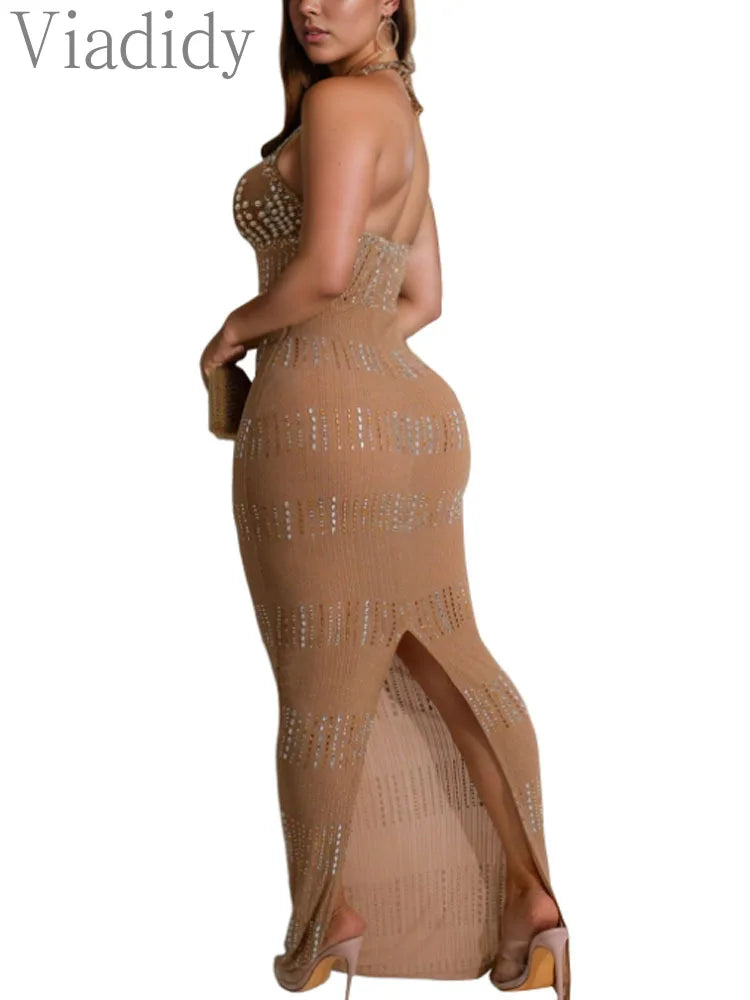 Women's Sexy Halter Sleeveless Backless Embroidered Flares Rhinestone Decor Floor-length Party Dress