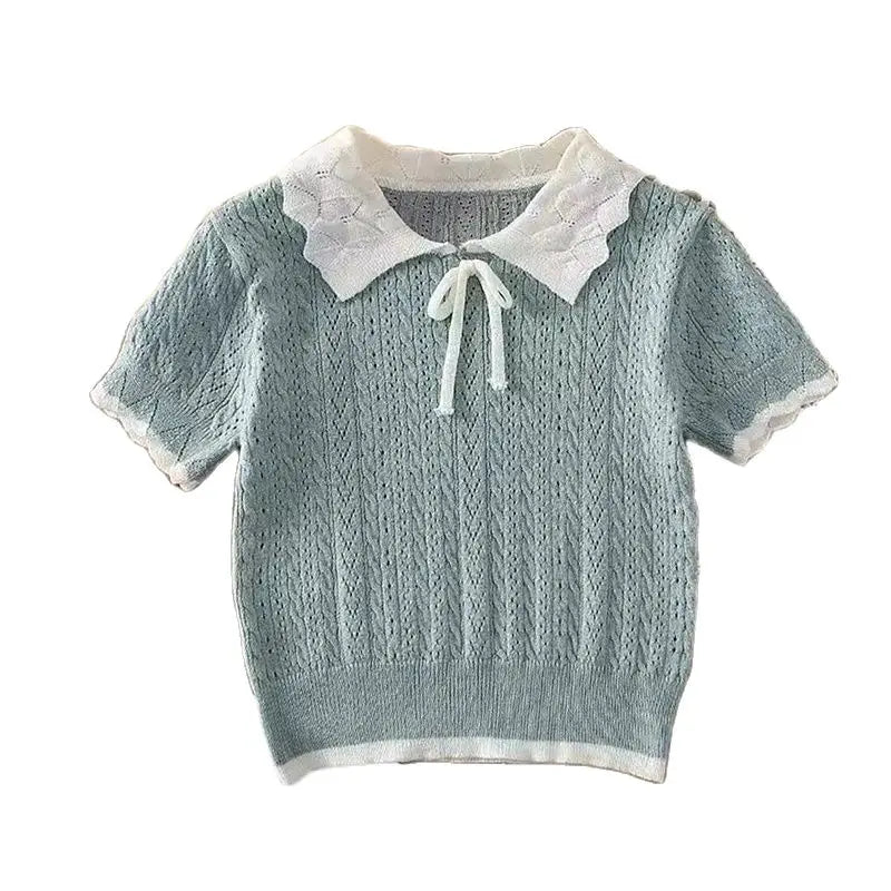 Kid's Knitted T-shirt Girls Simple Turn Down Collar Pullover Children's Thin Hollow Out Knit Short Sleeve Tee 1-6Y Girls