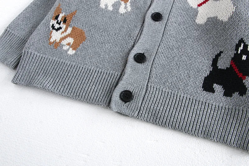 Spring Children's Sweater Jacket Jacquard Cute Dog Boys Single Breasted Buckle Cardigan Top Girls Knitted Sweater 1-8Y Unisex