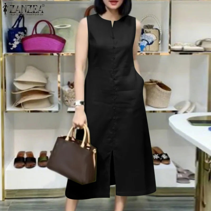 2025 Women Summer Sundress Elegant Work OL Midi Dresses V Neck Sleeveless Solid Dress Fashion Buttons Down Robe Plus Size