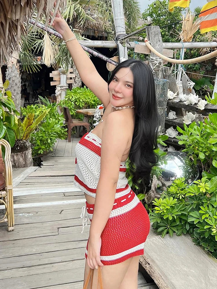 Crochet 2 Piece Set Women Hollow Beach Vacation Shirring Strapless Tops + Contrast Shorts Matching Tight Stretch Suits