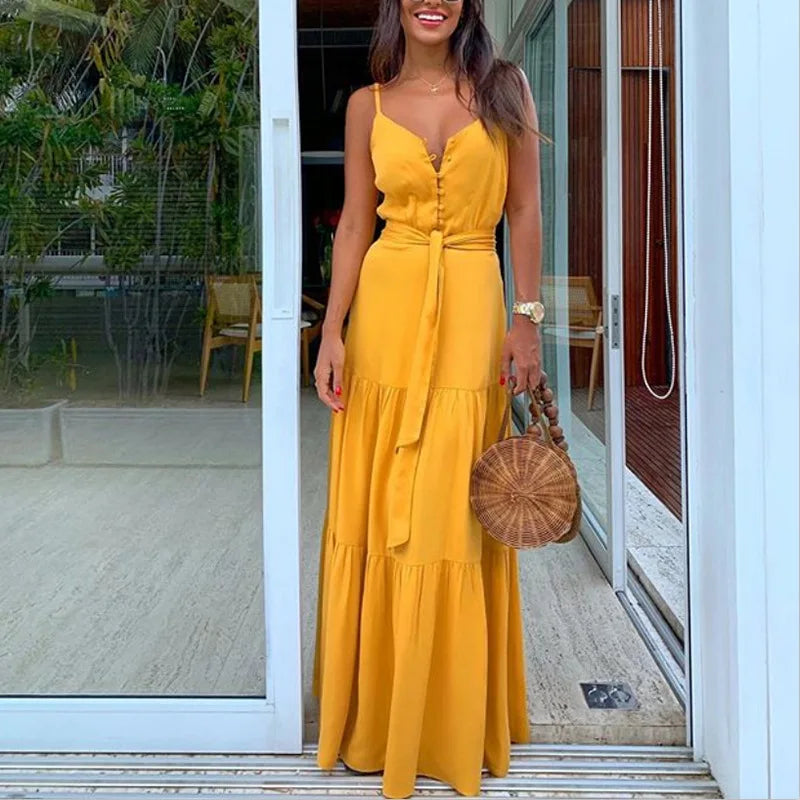 Summer New Women's Clothing European Style Unique Button V-neck Spliced Tank Dress Long Dress Sleeveless