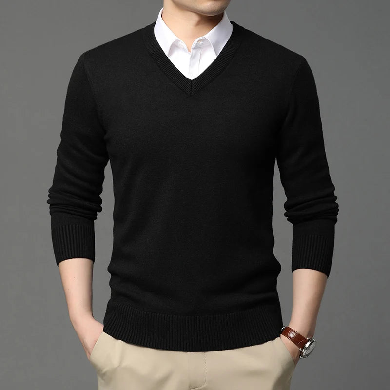 Men's High Quality Fashion Brand, Woollen Knit Pullover V-Neck Sweater, Autumn and Winter Casual Male Jumper