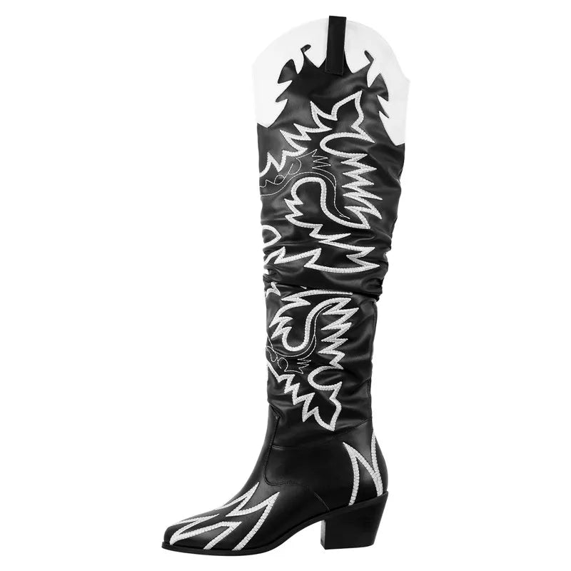 Woman Knee High Boots Western Cowboy Boots Wide Calf Embroidered Women Pointed Toe Block Heel Pull-On Cowgirl Boots