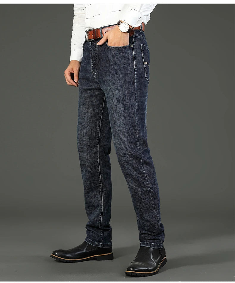 New Business Men's Jeans Casual Straight Stretch Fashion Classic Blue Black Work Denim Trousers Male Brand Clothing
