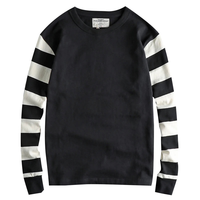 Autumn American Retro Long Sleeve Heavyweight Striped T-shirt Men's Fashion Pure Cotton Washed Prisoner Motorcycle Casual Tops