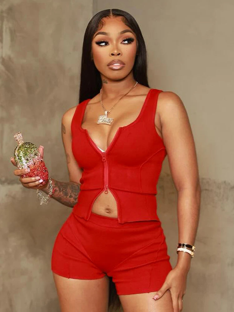 Casual Women 2 Piece Set Stretch Double Zip Tank Tops + Shorts Matching Patchwork Simple Basic Streetwear Tracksuit