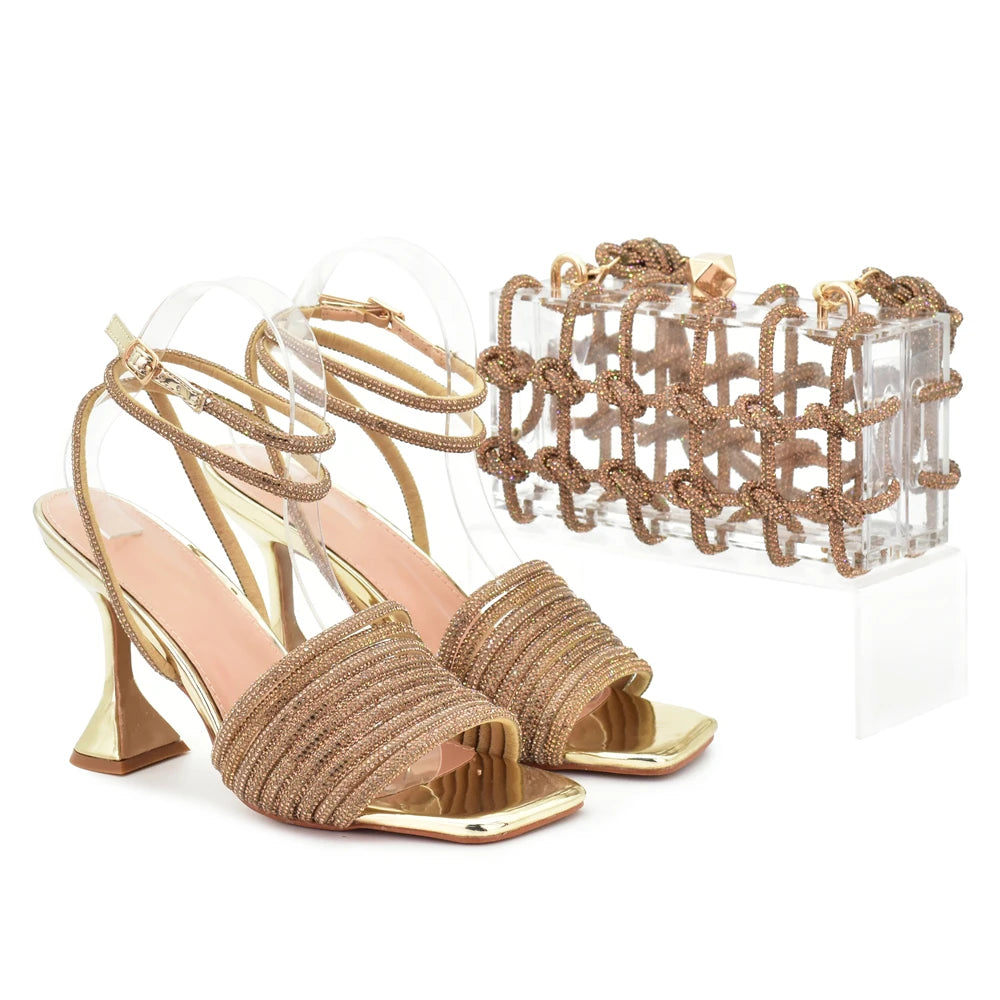 African Shoe and Matching Bag  Set Decorated with Rhinestone High Heels for Women