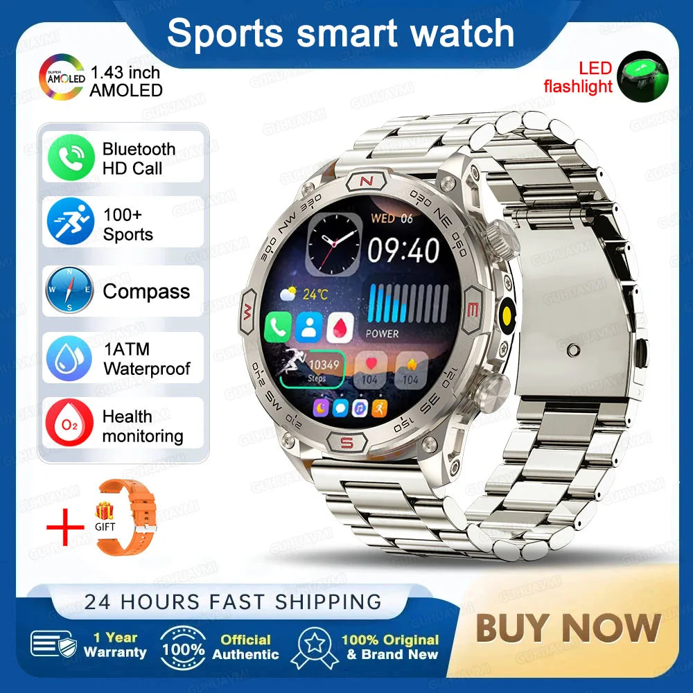 Outdoor Military Smart Watch Men Compass GPS Track Bluetooth Call IP68 Waterproof AMOLED Screen Smartwatch Compatible with Android IOS