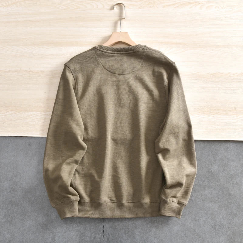 Lente Nieuwe Amerikaanse Retro Lange Mouw O-hals Effen Kleur Sweatshirts Heren Eenvoudige 100% Katoen Gewassen Trui Casual Sportkleding