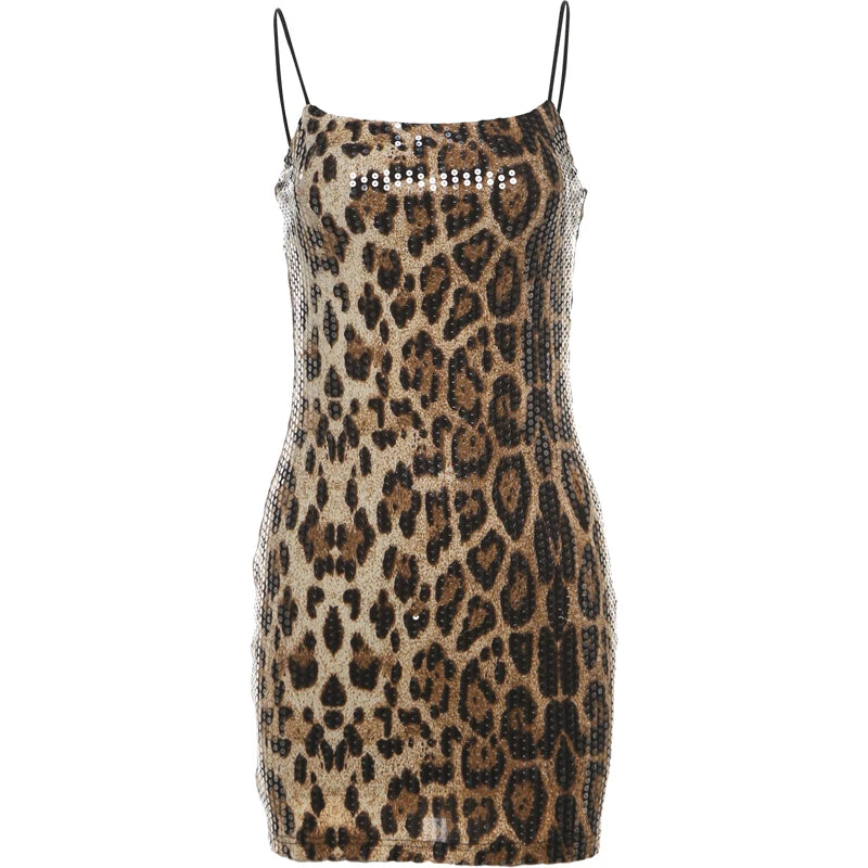 Shine Sequins Dress Women Leopard Print Hipster Backless Skinny Midnight Club Party Sexy Coquette Classic Mini Bodycon