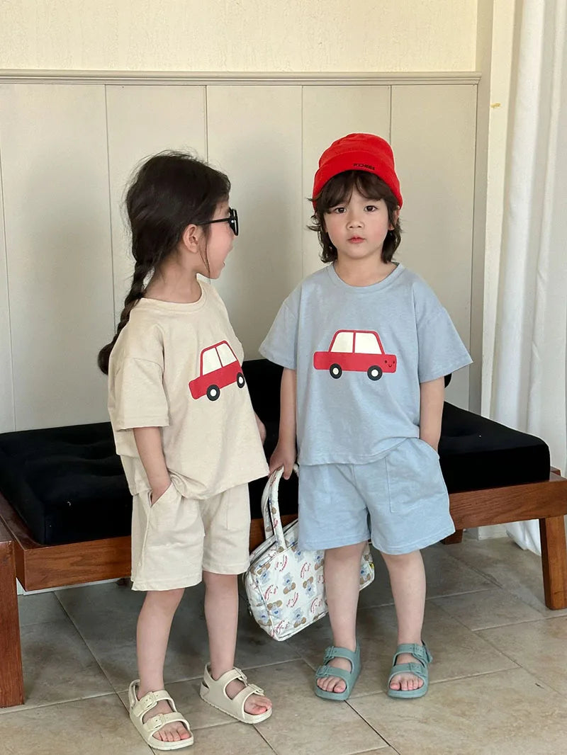 New Summer Kids Clothes Suit Children Cute Cartoon Car T-shirt + Shorts Boys Thin Style 2PCS Outfit 1-4Y Unisex