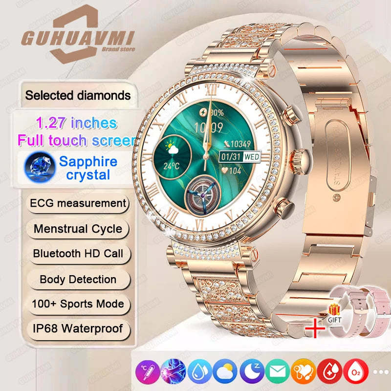 Women Diamond Smart Watch ECG Women Health tracking Watch Full Touch Screen BT Call Custom dial Smartwatch Compatible with Huawei & Xiaomi IOS