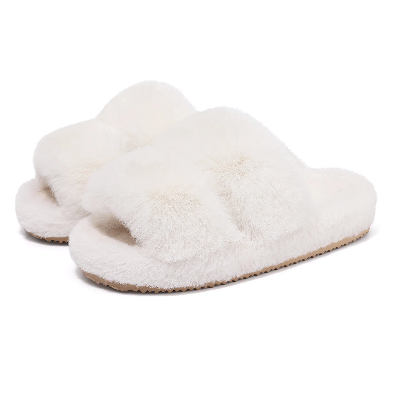 Women's Winter Warm Fluffy Platform Slippers Plush Open Toe Footwear Flat Slides Suitable For Indoor Use Ladies' Shoes