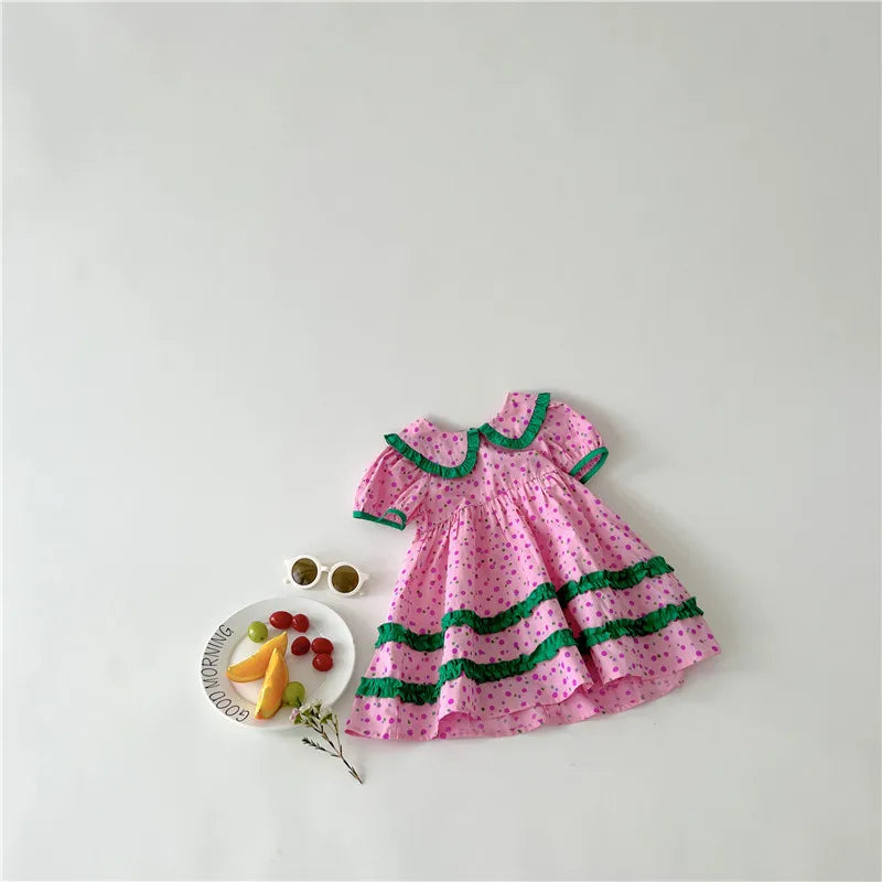 Summer Girls Clothing Dot Children Dress Pink Dresses for Kids 1-5Y