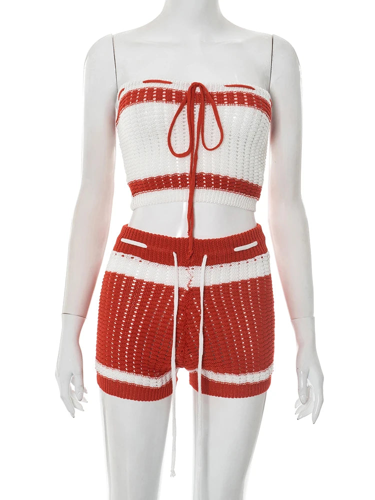 Crochet 2 Piece Set Women Hollow Beach Vacation Shirring Strapless Tops + Contrast Shorts Matching Tight Stretch Suits