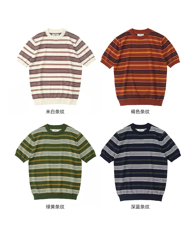 2025 Zomer Nieuwe Amerikaanse Retro 280G Korte Mouw O-hals Gebreid Gestreept T-shirt Heren Eenvoudig 100% Katoen Gewassen Casual Slim Tops