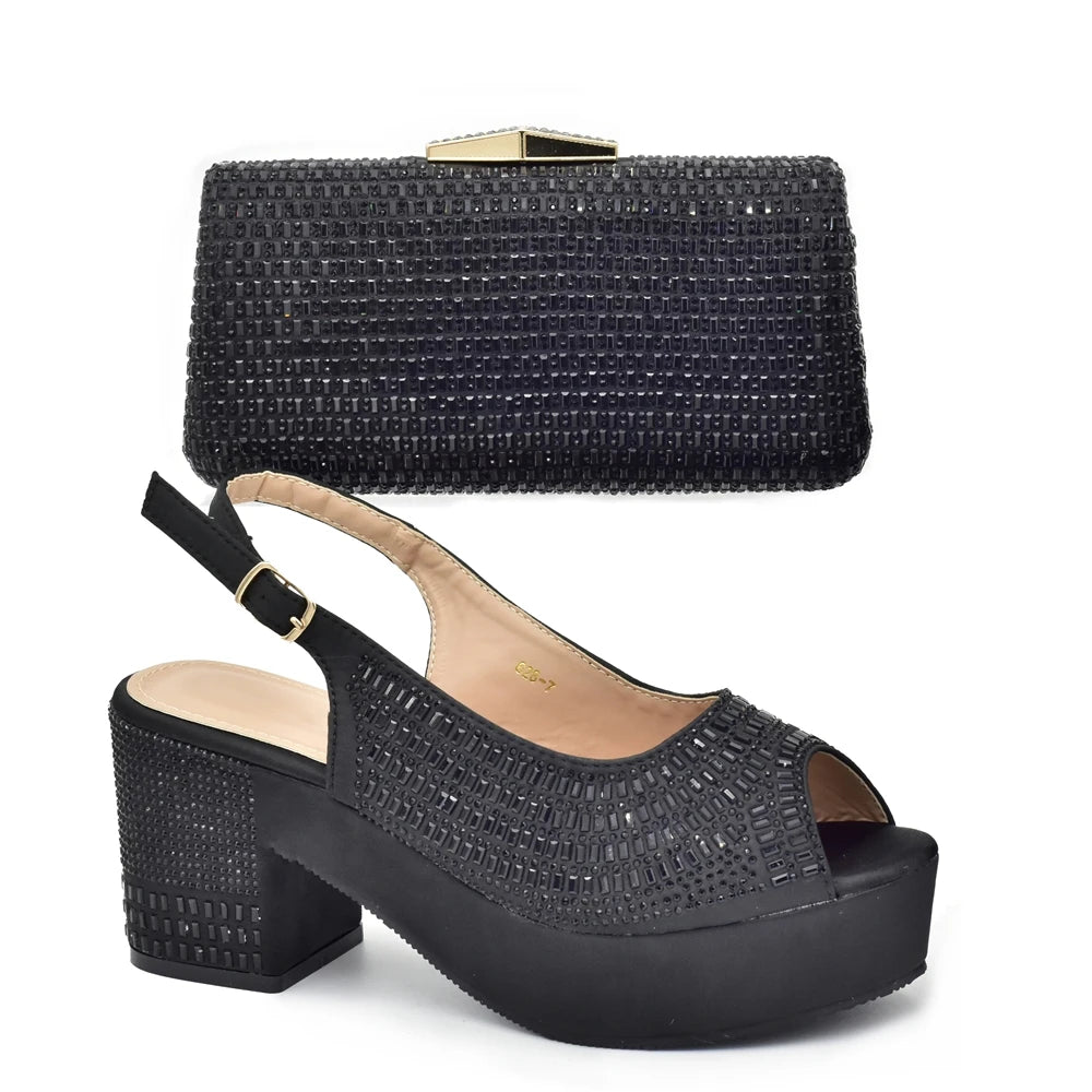 Africa Shoe and Bags Set Decorated with Rhinestone Wedges Shoes for Women Italian Women Wedding Shoes with Bag Set