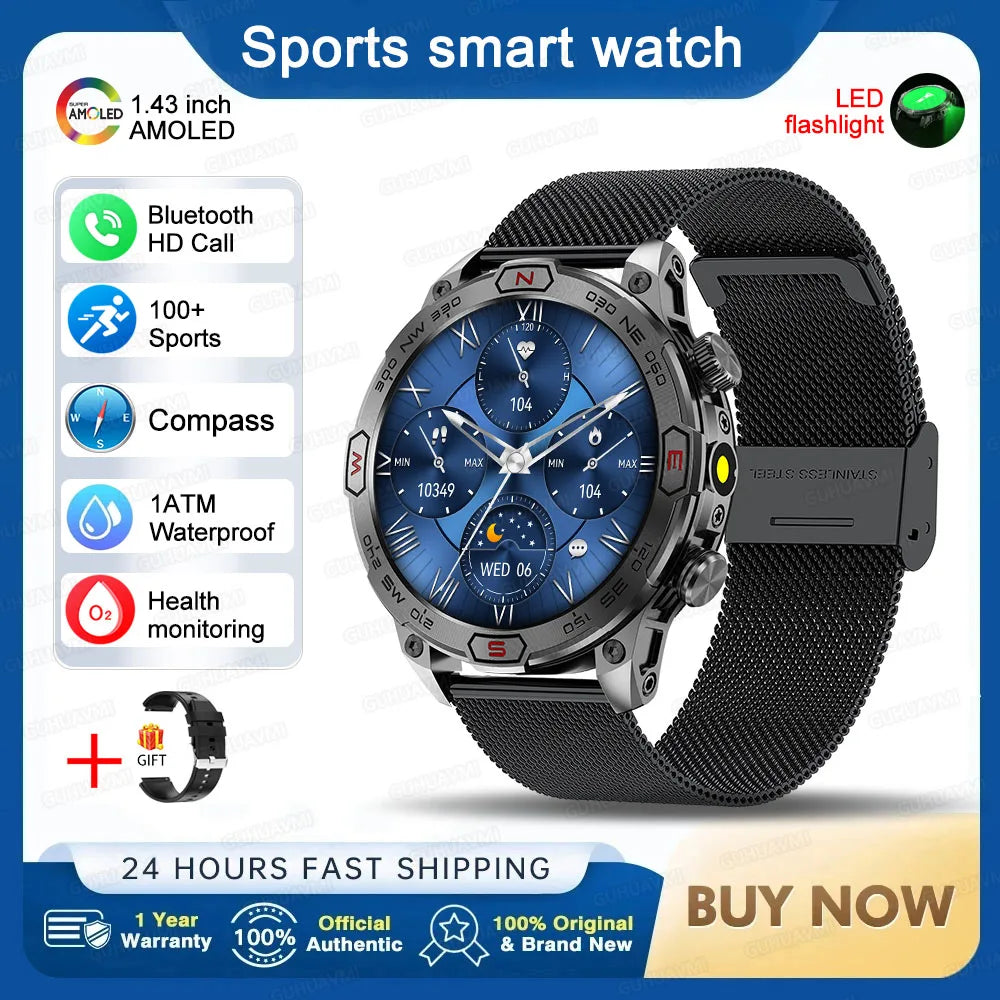 Outdoor Military Smart Watch Men Compass GPS Track Bluetooth Call IP68 Waterproof AMOLED Screen Smartwatch Compatible with Android IOS