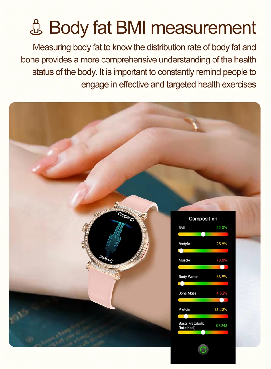Women Diamond Smart Watch ECG Women Health tracking Watch Full Touch Screen BT Call Custom dial Smartwatch Compatible with Huawei & Xiaomi IOS