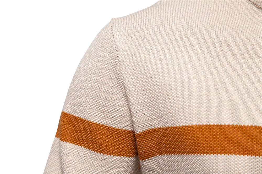 Men's High Quality Cotton Sweater Zipper Mock Neck Pullovers Male Autumn Winter Striped Warm Polo Sweater For Men