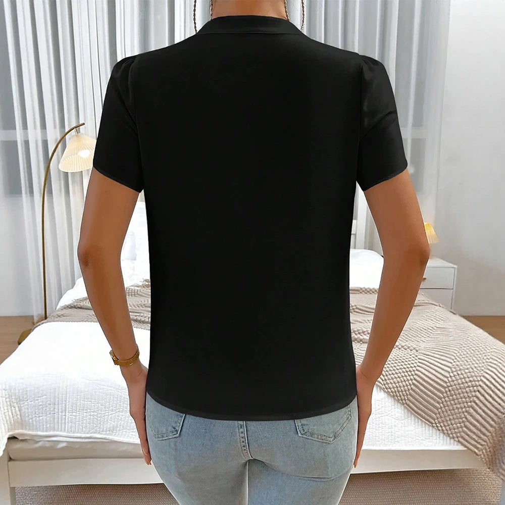 Blouses Summer Korean Fashion 2025 Plain Business Short Sleeve V-Neck Daily Blouses