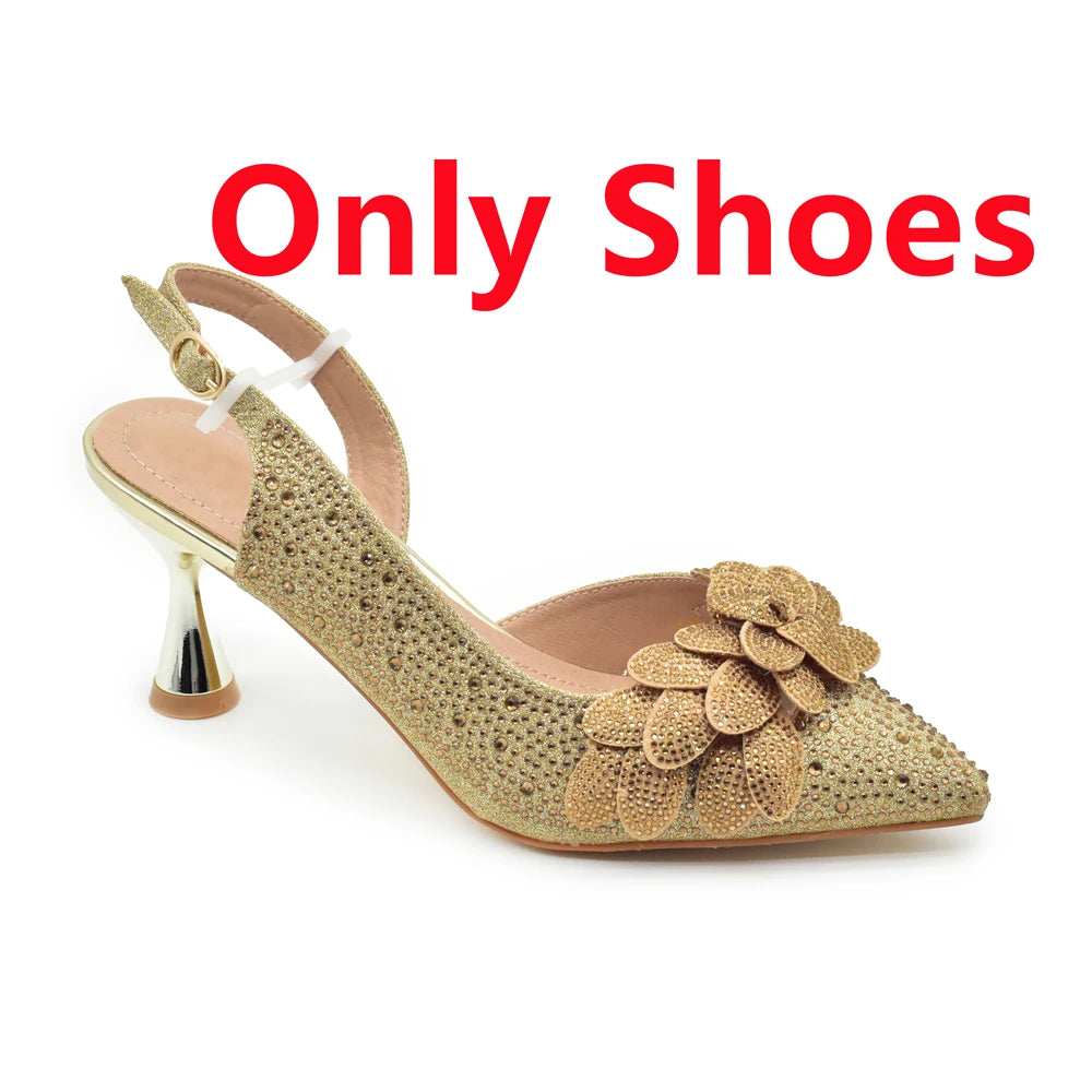 Women High Heel Pointed-Toe Italian Shoes and Bags Matching Set for Ladies Decorated With Rhinestone and Paired with Handmade Petal
