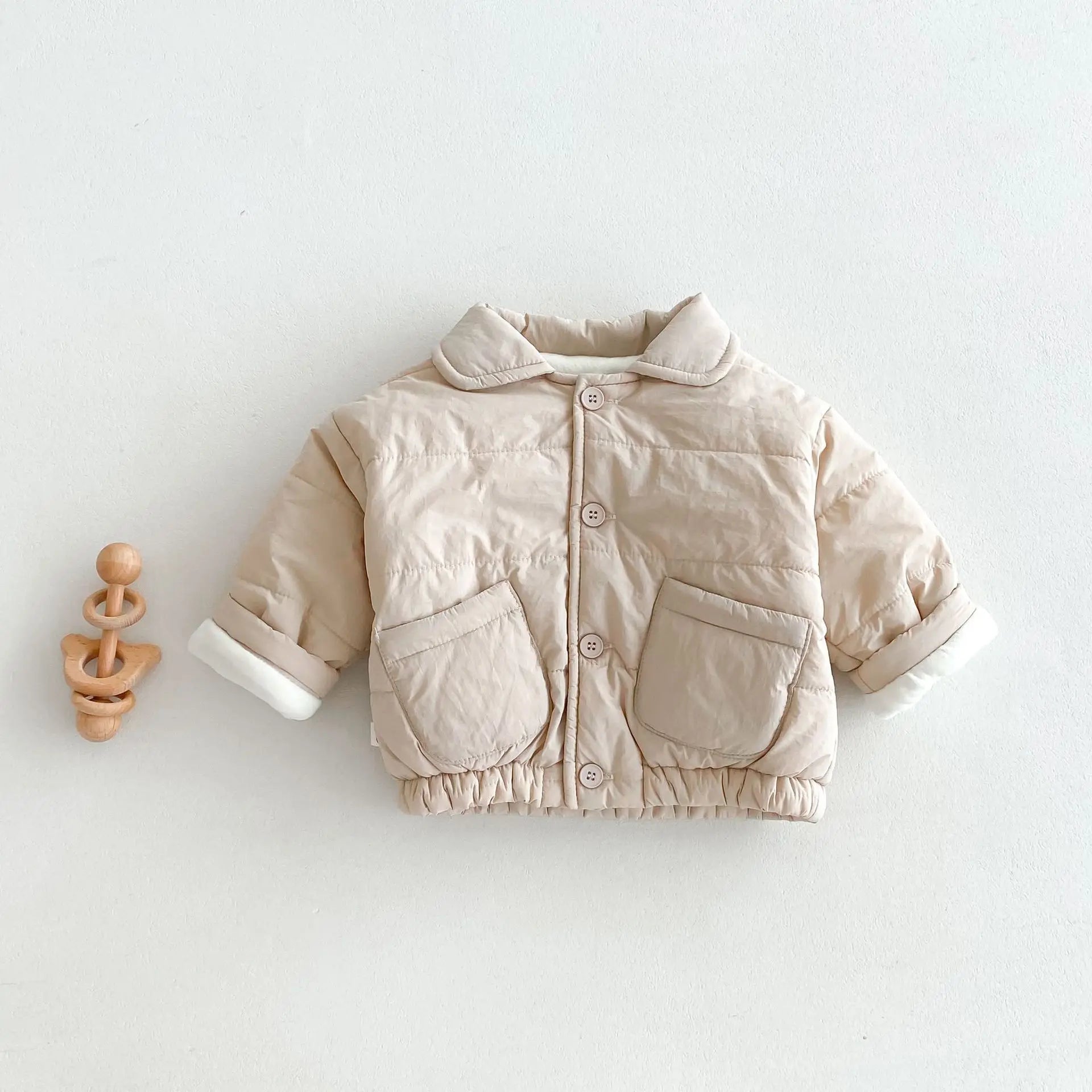 Baby Children's Winter Clothing Solid Colour Cotton Jacket Girls Simple Pocket Outwear Boys Fur Lining Warm Coat 0-5Y Unisex