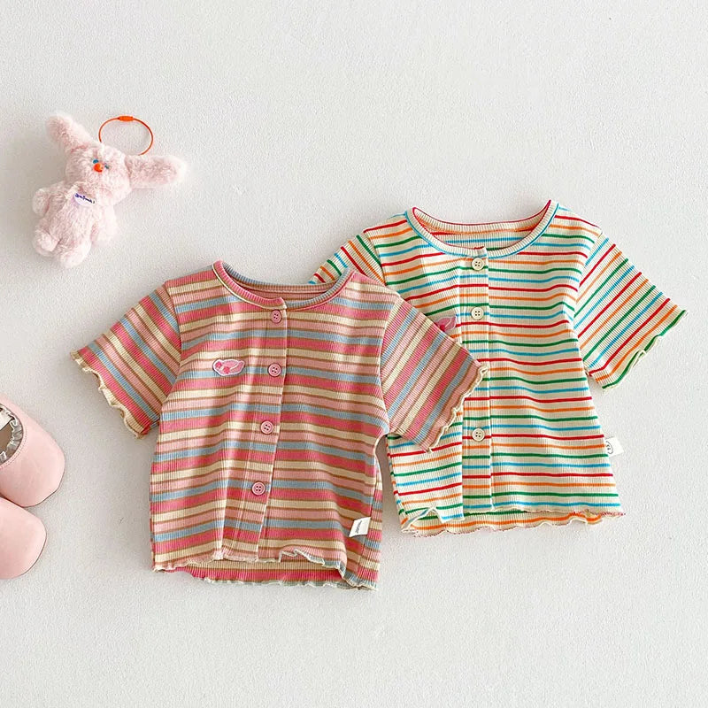 New Summer Girls Colourful Striped Cardigan Kids Short-Sleeved Knitted Sweater Children Cute Lace Bow Jeans 0-5Y Girls