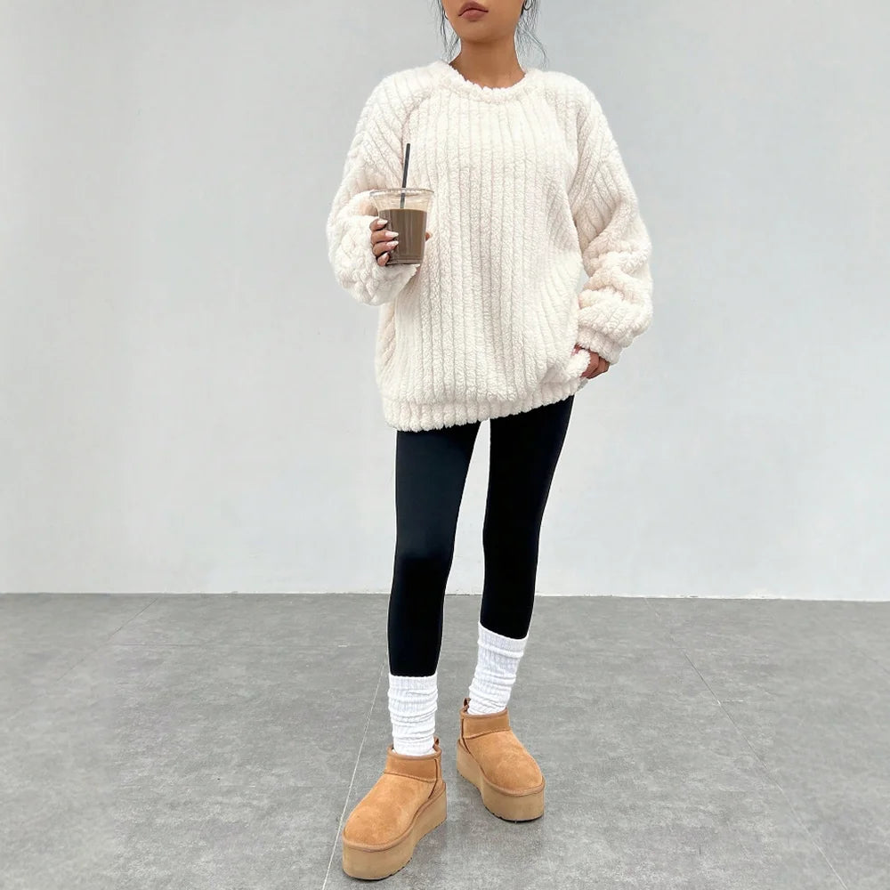 Women's Pullover Autumn Winter Simple Comfortable Plain Fleecing Drop-Shoulder Sleeve Crew Neck Daily Pullover