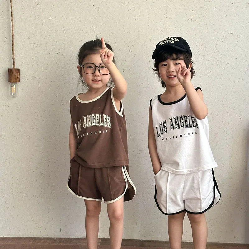 New Summer Kids Clothes Set Children Thin Style Letter Sports Suit Girls Tank Top Shorts Boys Outfits 4-6Y Unisex