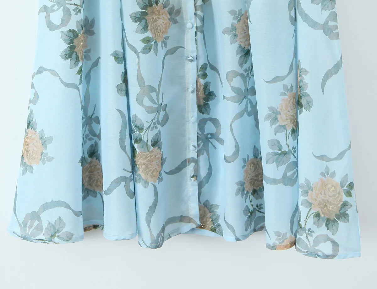 Patchwork Floral Print Boho Summer Dresses Women Vintage Puff Sleeve A-line Midi Chiffon Dress Chic Lady Vacation Robe