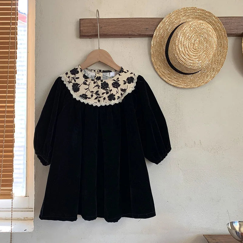 Autumn Velvet Vintage Style Kids Long Dress for Girls Floral Round Collar Princess Kids Clothes Dresses 2-6 Years