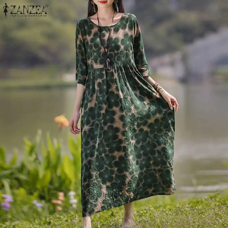 Bohemian Floral Printed Dress Autumn Long Sleeve O-Neck Maxi Robe Woman Casual Holiday Sundress Elegant Party Vestidos