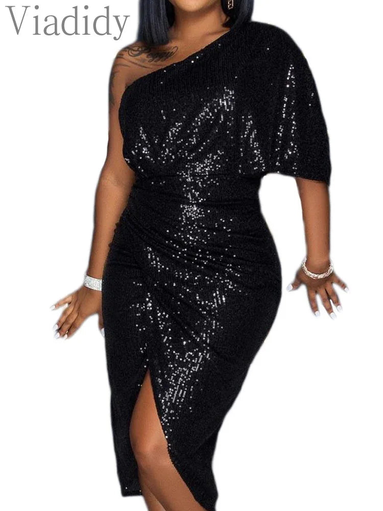 One Shoulder Short Sleeve Sequined Wrap Dress